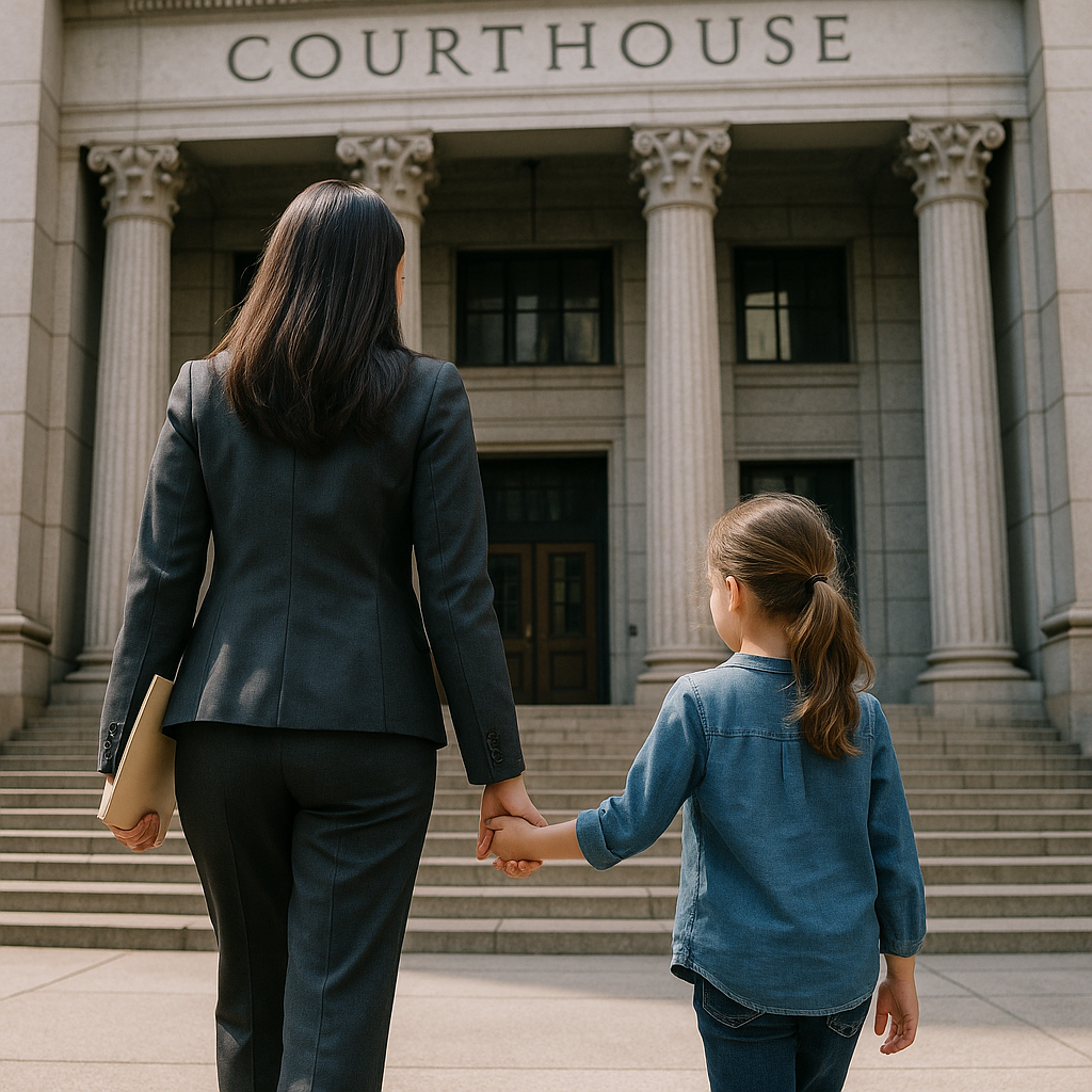 Parent and child hand‑in‑hand walking into a courthouse
